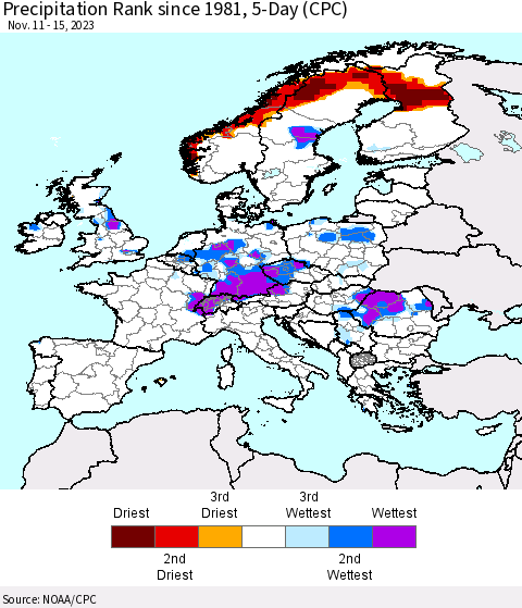 Europe Precipitation Rank since 1981, 5-Day (CPC) Thematic Map For 11/11/2023 - 11/15/2023