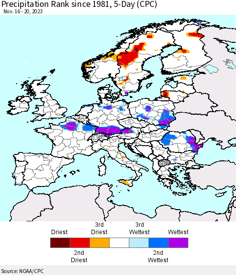 Europe Precipitation Rank since 1981, 5-Day (CPC) Thematic Map For 11/16/2023 - 11/20/2023