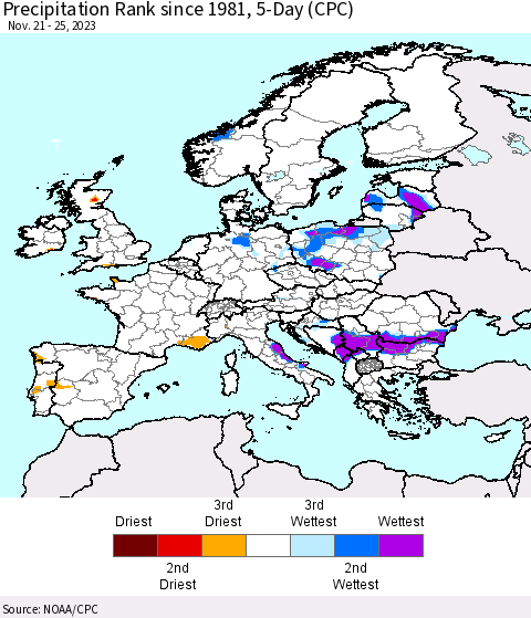Europe Precipitation Rank since 1981, 5-Day (CPC) Thematic Map For 11/21/2023 - 11/25/2023