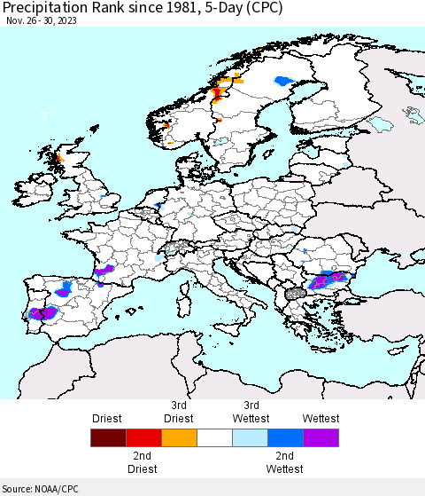 Europe Precipitation Rank since 1981, 5-Day (CPC) Thematic Map For 11/26/2023 - 11/30/2023