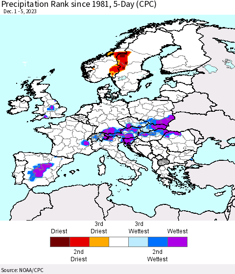Europe Precipitation Rank since 1981, 5-Day (CPC) Thematic Map For 12/1/2023 - 12/5/2023