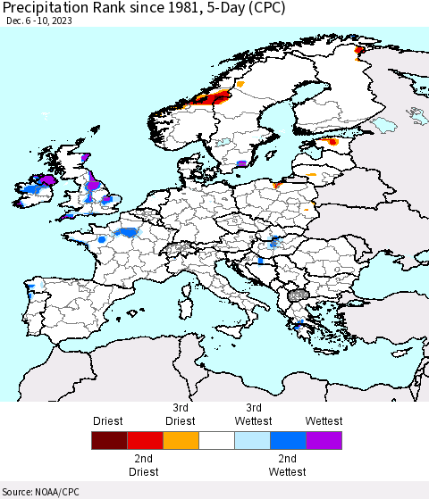 Europe Precipitation Rank since 1981, 5-Day (CPC) Thematic Map For 12/6/2023 - 12/10/2023