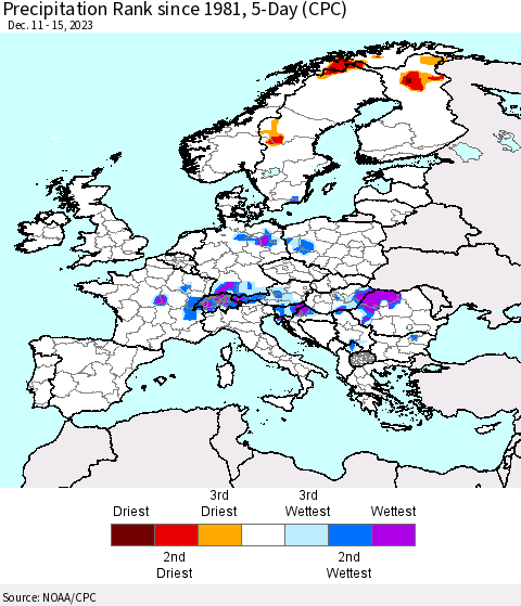 Europe Precipitation Rank since 1981, 5-Day (CPC) Thematic Map For 12/11/2023 - 12/15/2023