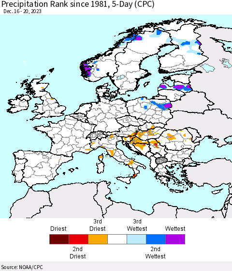 Europe Precipitation Rank since 1981, 5-Day (CPC) Thematic Map For 12/16/2023 - 12/20/2023