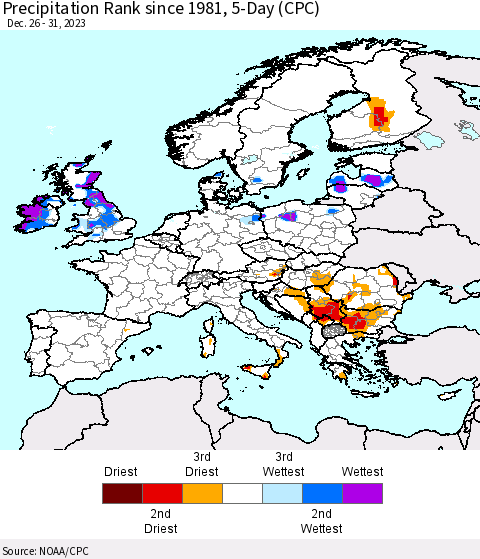 Europe Precipitation Rank since 1981, 5-Day (CPC) Thematic Map For 12/26/2023 - 12/31/2023