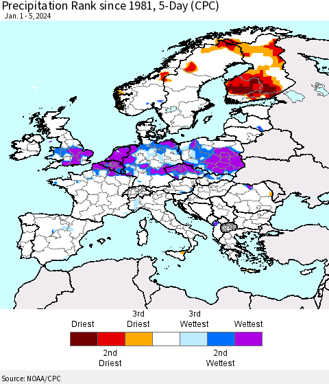 Europe Precipitation Rank since 1981, 5-Day (CPC) Thematic Map For 1/1/2024 - 1/5/2024