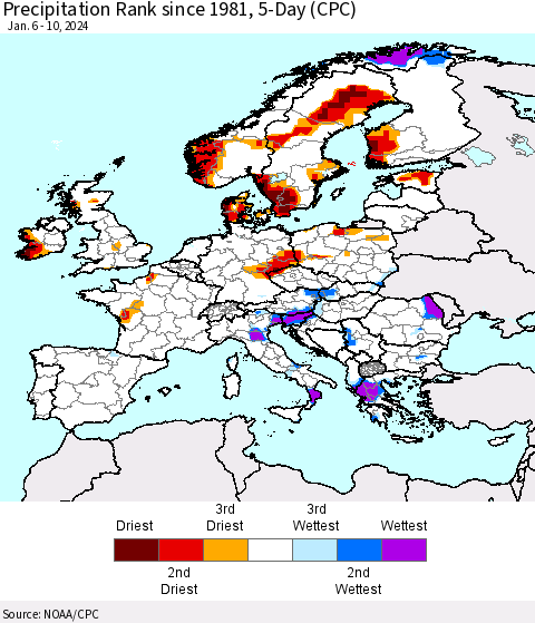 Europe Precipitation Rank since 1981, 5-Day (CPC) Thematic Map For 1/6/2024 - 1/10/2024