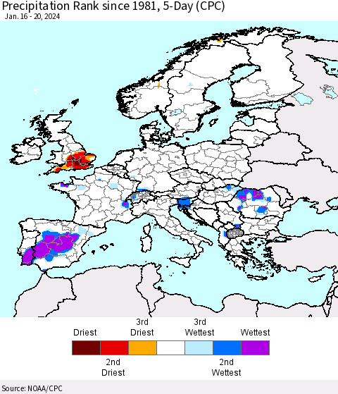 Europe Precipitation Rank since 1981, 5-Day (CPC) Thematic Map For 1/16/2024 - 1/20/2024