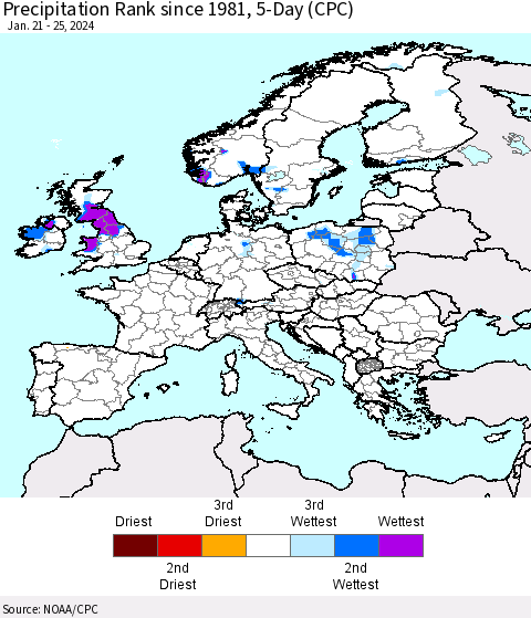 Europe Precipitation Rank since 1981, 5-Day (CPC) Thematic Map For 1/21/2024 - 1/25/2024