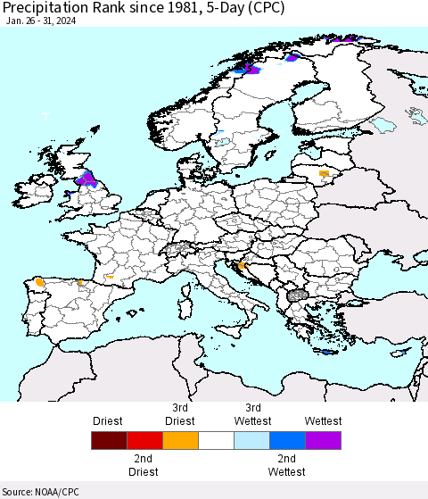Europe Precipitation Rank since 1981, 5-Day (CPC) Thematic Map For 1/26/2024 - 1/31/2024