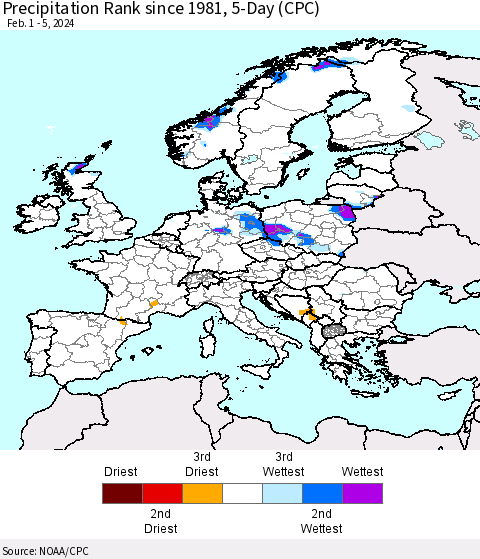 Europe Precipitation Rank since 1981, 5-Day (CPC) Thematic Map For 2/1/2024 - 2/5/2024