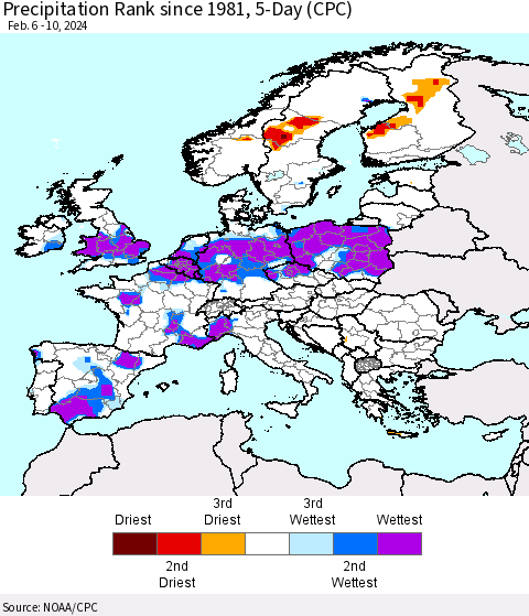 Europe Precipitation Rank since 1981, 5-Day (CPC) Thematic Map For 2/6/2024 - 2/10/2024