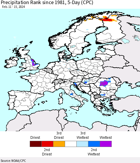 Europe Precipitation Rank since 1981, 5-Day (CPC) Thematic Map For 2/11/2024 - 2/15/2024