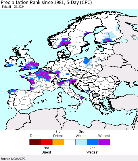 Europe Precipitation Rank since 1981, 5-Day (CPC) Thematic Map For 2/21/2024 - 2/25/2024