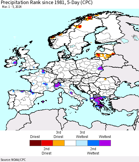 Europe Precipitation Rank since 1981, 5-Day (CPC) Thematic Map For 3/1/2024 - 3/5/2024