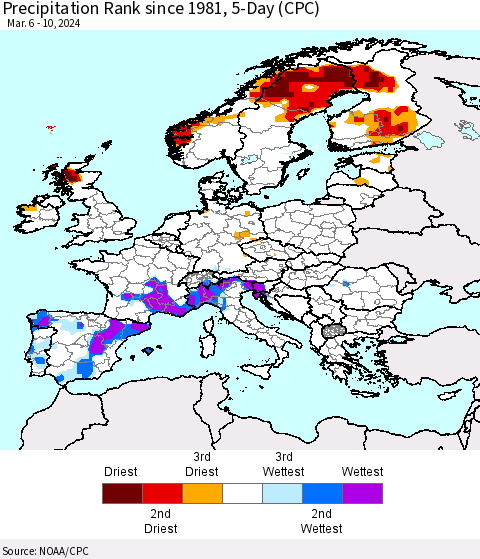 Europe Precipitation Rank since 1981, 5-Day (CPC) Thematic Map For 3/6/2024 - 3/10/2024