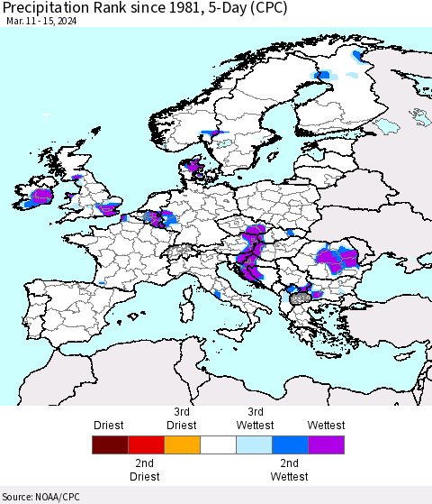 Europe Precipitation Rank since 1981, 5-Day (CPC) Thematic Map For 3/11/2024 - 3/15/2024