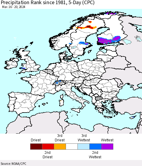 Europe Precipitation Rank since 1981, 5-Day (CPC) Thematic Map For 3/16/2024 - 3/20/2024