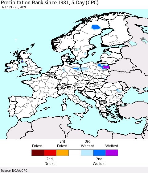 Europe Precipitation Rank since 1981, 5-Day (CPC) Thematic Map For 3/21/2024 - 3/25/2024
