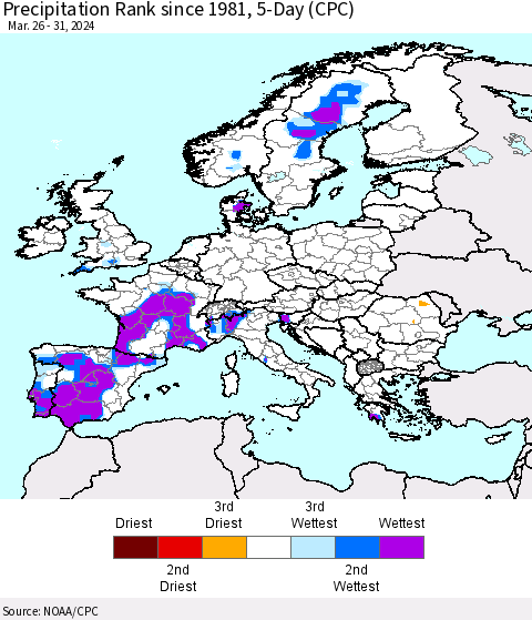 Europe Precipitation Rank since 1981, 5-Day (CPC) Thematic Map For 3/26/2024 - 3/31/2024