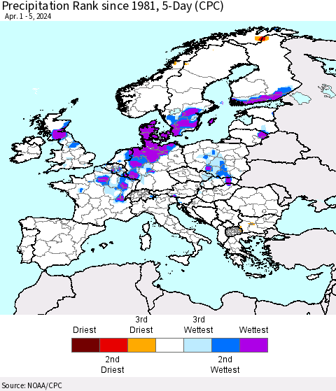 Europe Precipitation Rank since 1981, 5-Day (CPC) Thematic Map For 4/1/2024 - 4/5/2024
