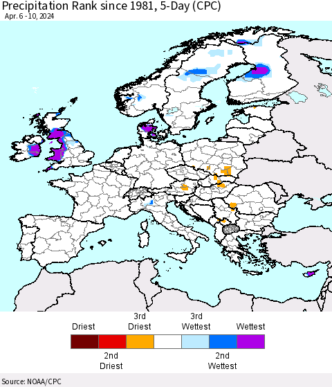 Europe Precipitation Rank since 1981, 5-Day (CPC) Thematic Map For 4/6/2024 - 4/10/2024