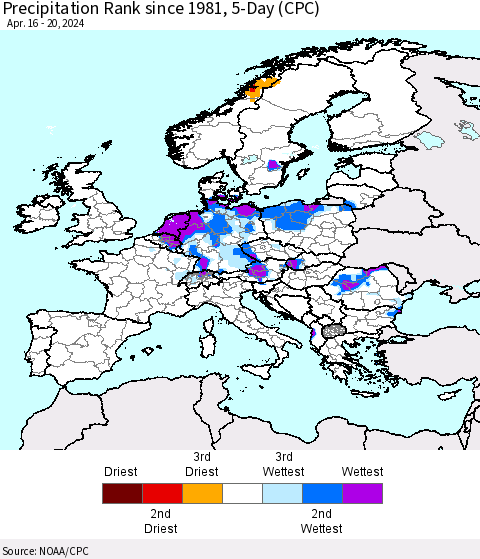 Europe Precipitation Rank since 1981, 5-Day (CPC) Thematic Map For 4/16/2024 - 4/20/2024