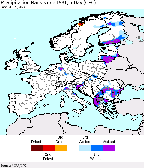 Europe Precipitation Rank since 1981, 5-Day (CPC) Thematic Map For 4/21/2024 - 4/25/2024