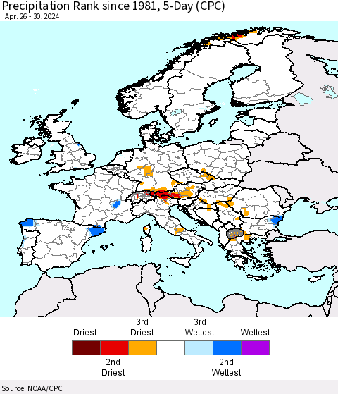 Europe Precipitation Rank since 1981, 5-Day (CPC) Thematic Map For 4/26/2024 - 4/30/2024