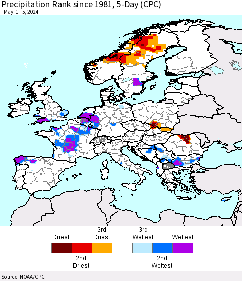 Europe Precipitation Rank since 1981, 5-Day (CPC) Thematic Map For 5/1/2024 - 5/5/2024