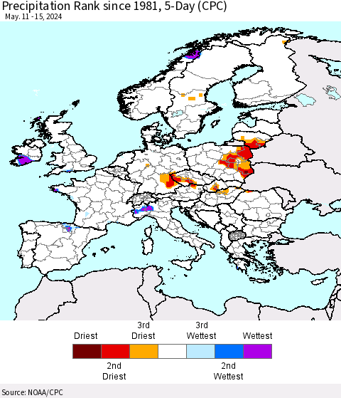 Europe Precipitation Rank since 1981, 5-Day (CPC) Thematic Map For 5/11/2024 - 5/15/2024