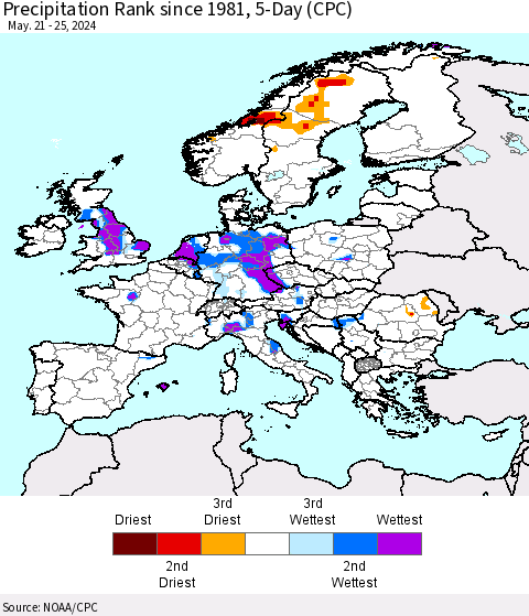 Europe Precipitation Rank since 1981, 5-Day (CPC) Thematic Map For 5/21/2024 - 5/25/2024