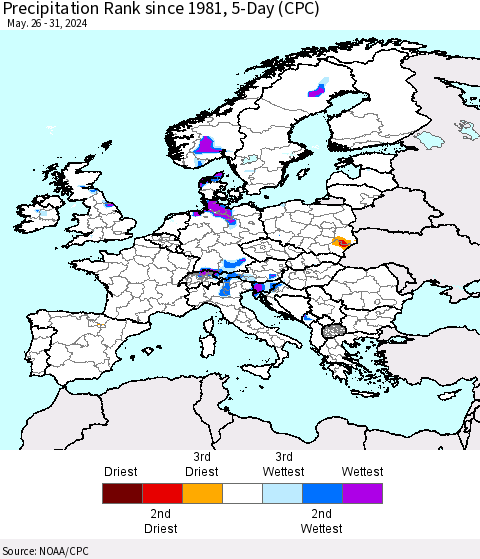 Europe Precipitation Rank since 1981, 5-Day (CPC) Thematic Map For 5/26/2024 - 5/31/2024