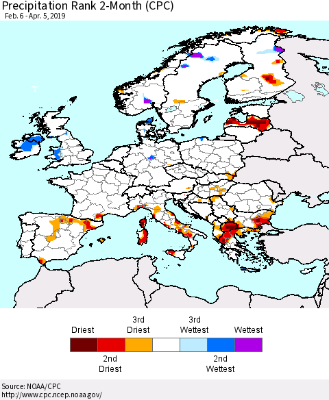 Europe Precipitation Rank since 1981, 2-Month (CPC) Thematic Map For 2/6/2019 - 4/5/2019