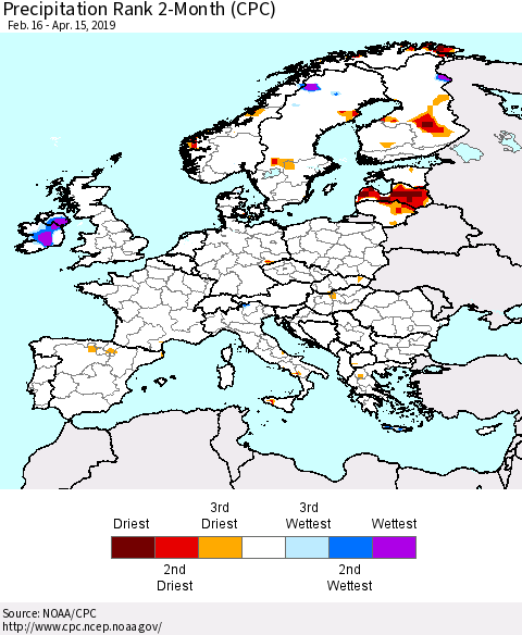Europe Precipitation Rank since 1981, 2-Month (CPC) Thematic Map For 2/16/2019 - 4/15/2019