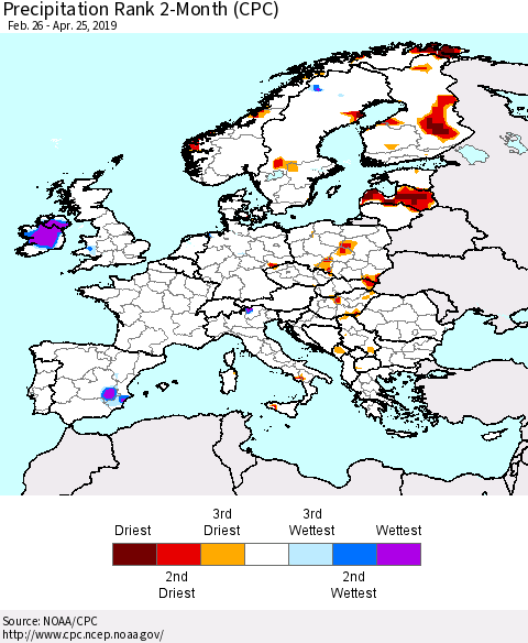 Europe Precipitation Rank since 1981, 2-Month (CPC) Thematic Map For 2/26/2019 - 4/25/2019