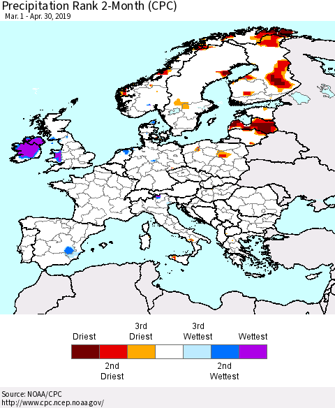 Europe Precipitation Rank 2-Month (CPC) Thematic Map For 3/1/2019 - 4/30/2019
