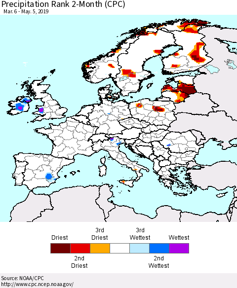 Europe Precipitation Rank since 1981, 2-Month (CPC) Thematic Map For 3/6/2019 - 5/5/2019