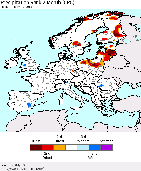 Europe Precipitation Rank 2-Month (CPC) Thematic Map For 3/11/2019 - 5/10/2019