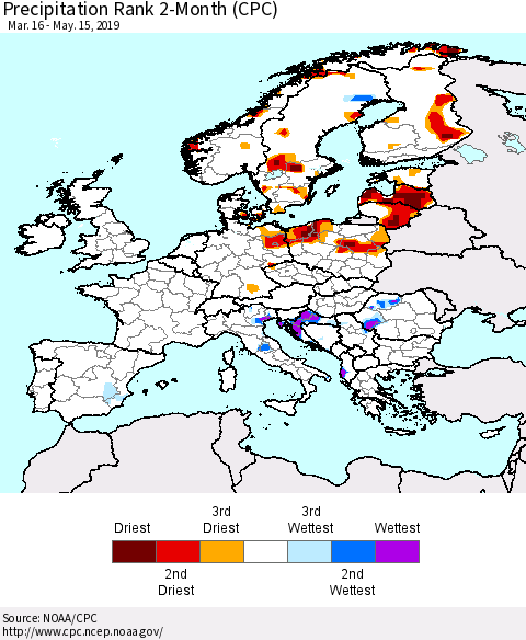 Europe Precipitation Rank 2-Month (CPC) Thematic Map For 3/16/2019 - 5/15/2019