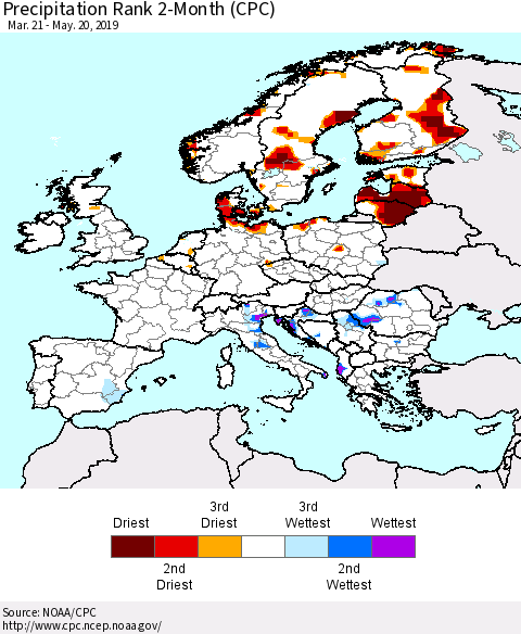 Europe Precipitation Rank since 1981, 2-Month (CPC) Thematic Map For 3/21/2019 - 5/20/2019