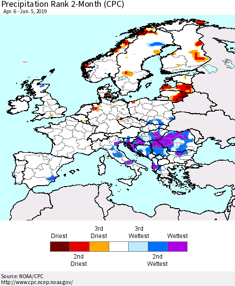 Europe Precipitation Rank 2-Month (CPC) Thematic Map For 4/6/2019 - 6/5/2019