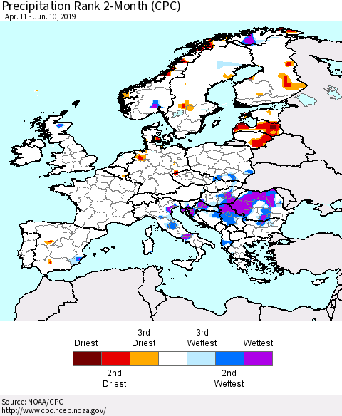 Europe Precipitation Rank 2-Month (CPC) Thematic Map For 4/11/2019 - 6/10/2019