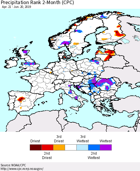 Europe Precipitation Rank 2-Month (CPC) Thematic Map For 4/21/2019 - 6/20/2019
