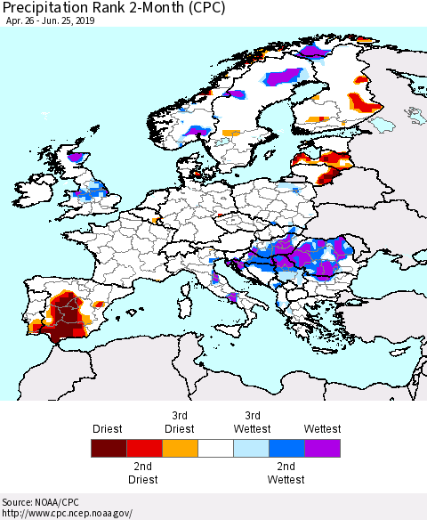 Europe Precipitation Rank 2-Month (CPC) Thematic Map For 4/26/2019 - 6/25/2019