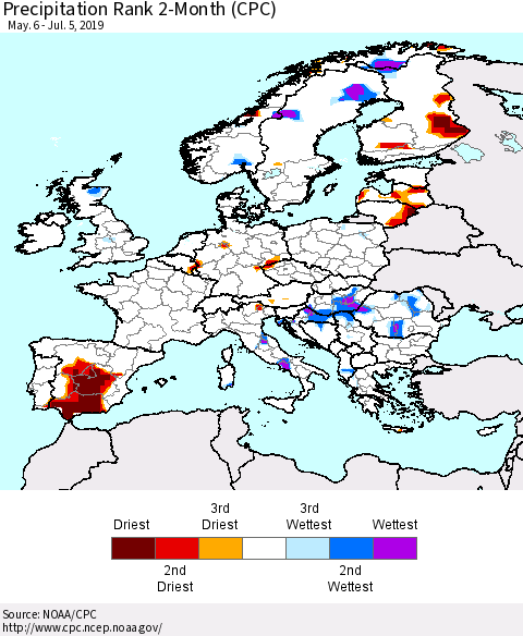 Europe Precipitation Rank since 1981, 2-Month (CPC) Thematic Map For 5/6/2019 - 7/5/2019