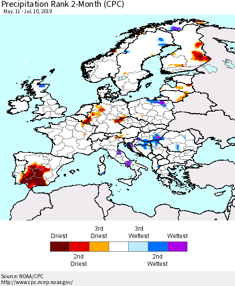 Europe Precipitation Rank 2-Month (CPC) Thematic Map For 5/11/2019 - 7/10/2019