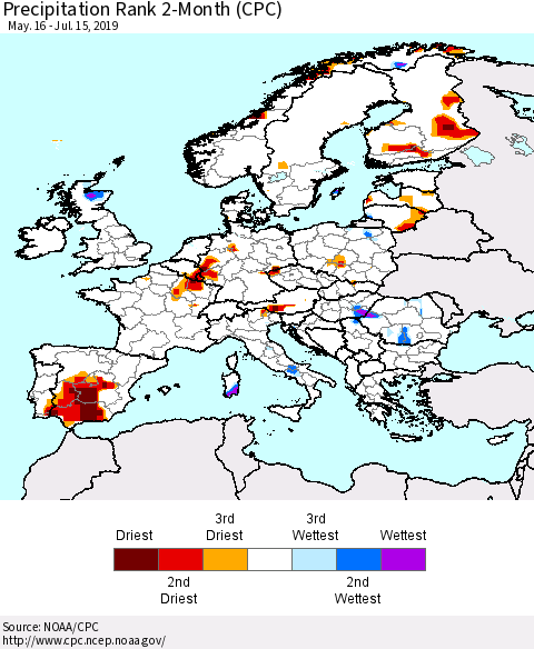 Europe Precipitation Rank 2-Month (CPC) Thematic Map For 5/16/2019 - 7/15/2019