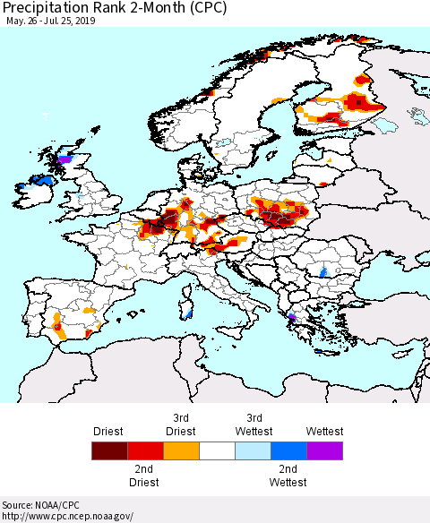 Europe Precipitation Rank 2-Month (CPC) Thematic Map For 5/26/2019 - 7/25/2019
