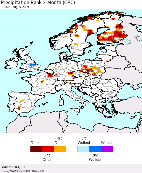Europe Precipitation Rank 2-Month (CPC) Thematic Map For 6/6/2019 - 8/5/2019